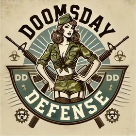 Doomsday Defense emblem: a vintage pin-up figure in camouflage between crossed rifles
